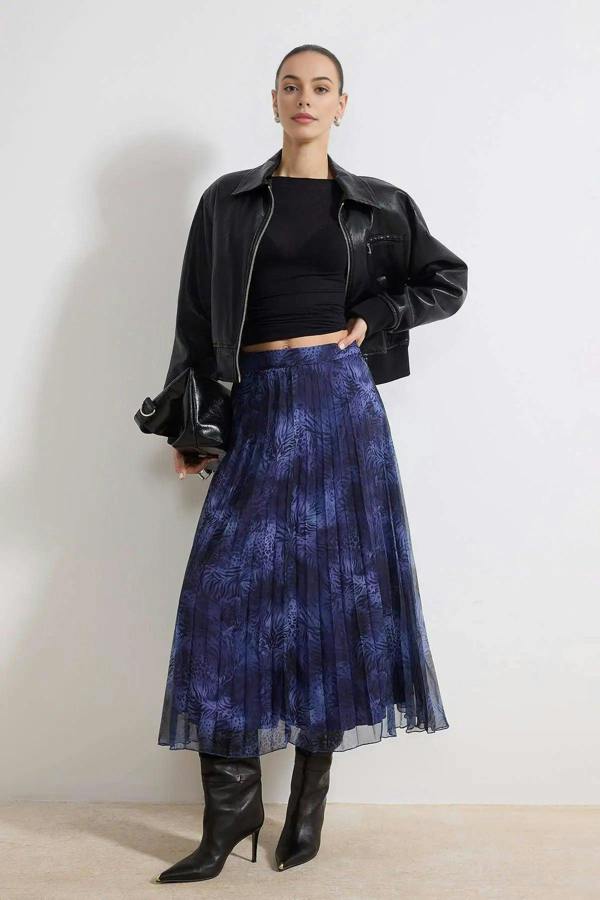 WOVCOR Patterned Lined Chiffon Pleated Midi Skirt