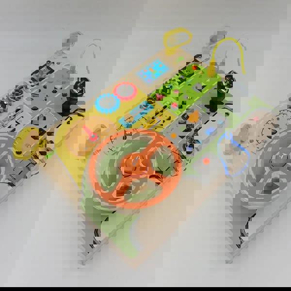Dyzi Natural Wood Car Driving Steering Wheel Montessori Busy Board with LED Lights, Engine Sounds