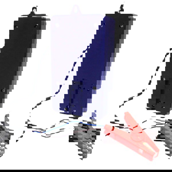 T-Mech Electric Fence Energiser in blue plastic housing with red and black clips for easy connection to power source