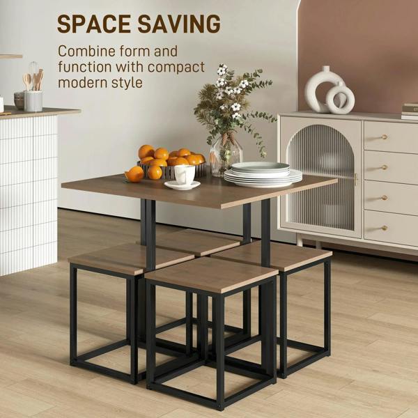Space-saving dining table with brown top and black metal frame, with matching stools