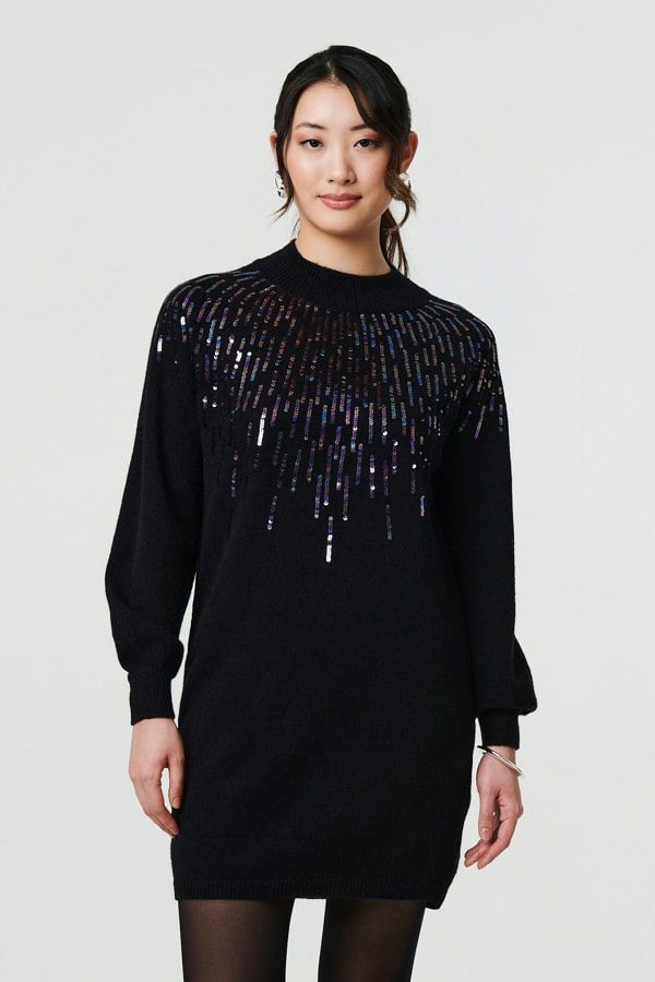 Black | Sequin Stripe Long Sleeve Knit Mini Dress
