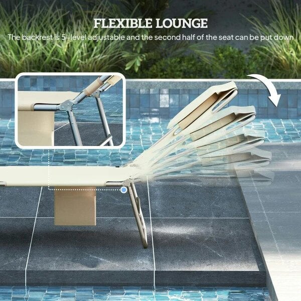 Bobobiy 5-Position Adjustable Sun Loungers Set of 2 with Reading Hole and Side Pocket, Beige