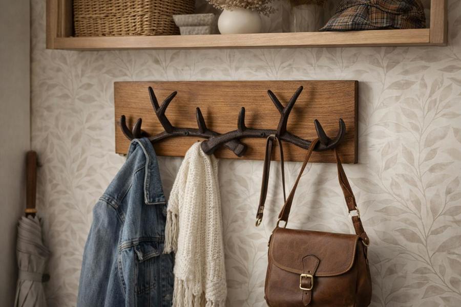 Rustic cast iron antler coat hooks mounted on stained pine board in styled hallway setting