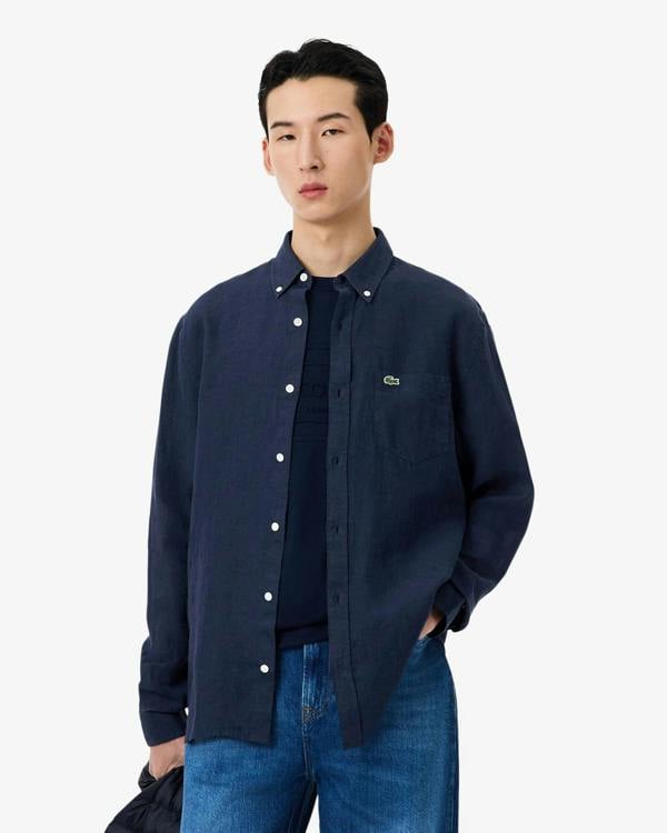 Lacoste Regular Fit Long Sleeve Mens Linen Shirt - Navy Blue 166 | CHO | Designer Mens Long Sleeve Shirts
