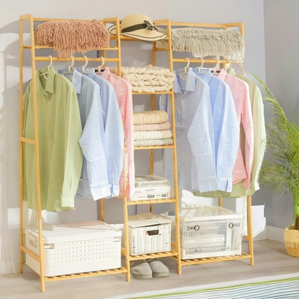 BMBO Large Wooden Clothes Rack With Storage Shoe Cabinet Brown