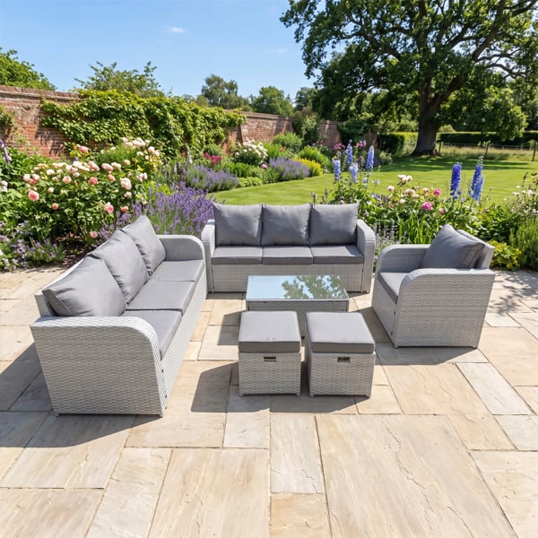 Fimous 9 Seater Poly Rattan Outdoor Garden Furniture Sofa Set Patio 3 Seater Sofa Reclining Chair 3 Seater Sofa Stools Light Grey