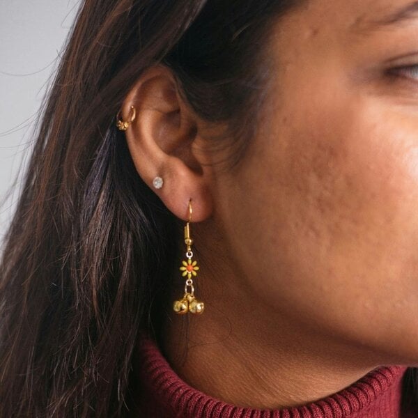The Colourful Aura Small Sunflower Flora Ghungroo Charm Dainty Boho Hooks Drop Earrings