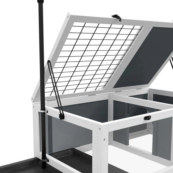 Grey and white tortoise habitat tabletop with wire mesh panel and open lid.