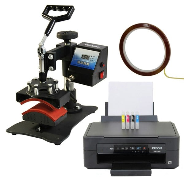 Cap press machine with adjustable handle, red silicone pad, Epson printer with ink cartridges, and transfer tape for custom designs