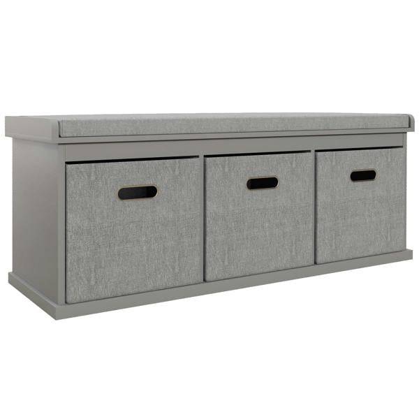 Grey shoe storage bench with padded top and three fabric drawer fronts