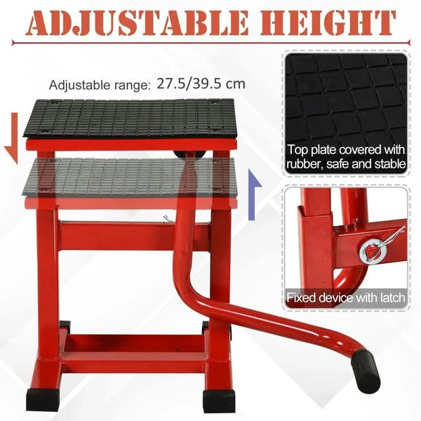 Red adjustable motorbike jack lift with rubberized top plate and latch bar