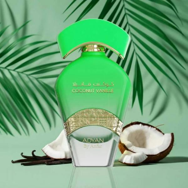 Adyan Coconut Vanille Extrait 100ML bottle with palm leaf background