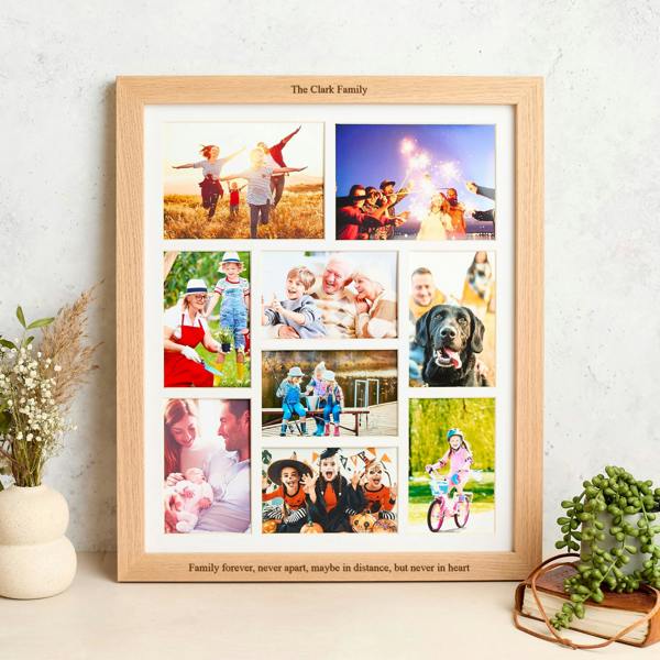 MijMoj Design Personalised Solid Oak Nine Aperture Picture Frame with Mount - Natural Finish