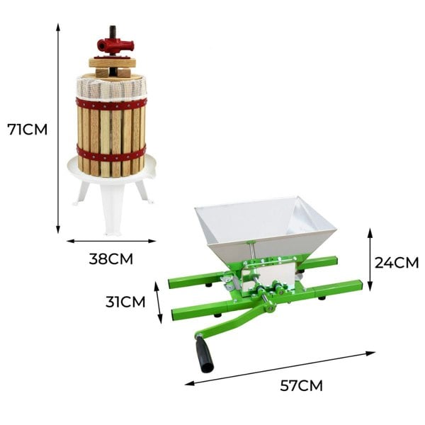 KuKoo Fruit Crusher and 18 Litre Fruit Press with wooden barrel, red accents, and green metal frame, ideal for juicing fruits