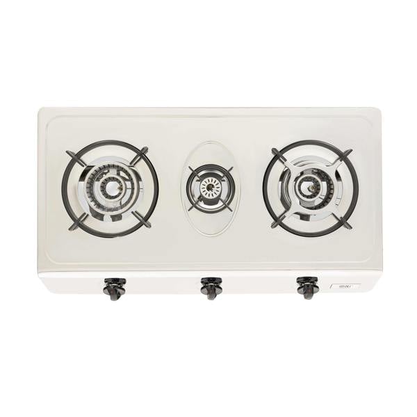 Three-burner gas stove top view