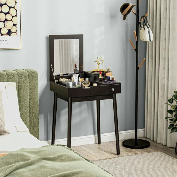Black dressing table with flip-up mirror, two drawers, and pine wood legs