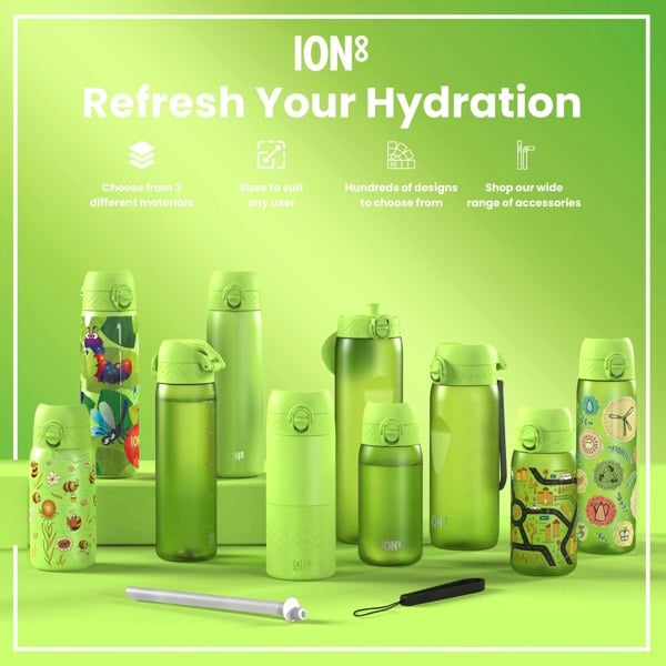 ION8 Leak Proof Slim Water Bottle, Stainless Steel, Khaki Green, 600ml (20oz)
