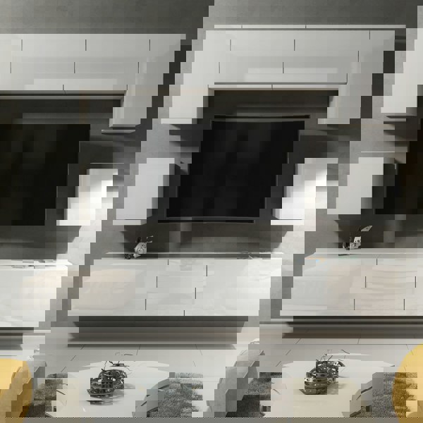 Mex Furniture Modern Wall Unit 242cm – White Matt Body & White Gloss Doors – 9 Elements with Full Storage + Free RGB LED