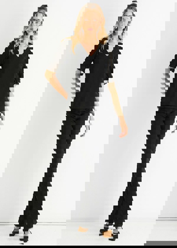 Gini London Black Chiffon Pleat Sleeves V Neck Top