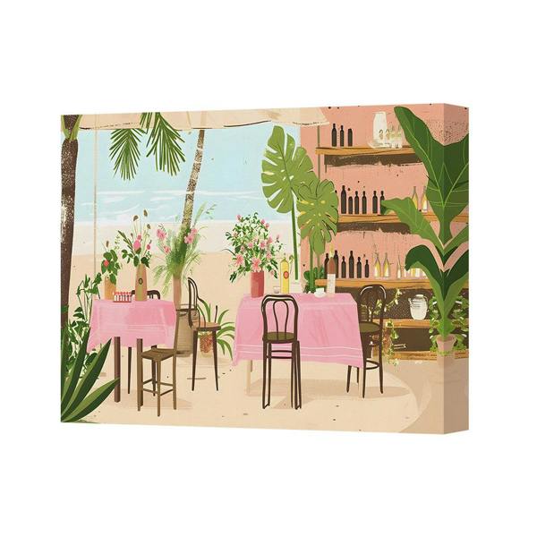 Benjamin Tate Design Canvas Wall Art Tropical Cafe Scene With Pink Tablecloths 3010