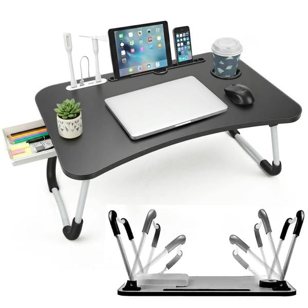 LKH HOME COLLECTION LKH Foldable Laptop Table-USB Hub,Fan LED Light&Side Drawer-60×40×28 cm Portable Bed Tray-Drink Holder, for Bed, Sofa