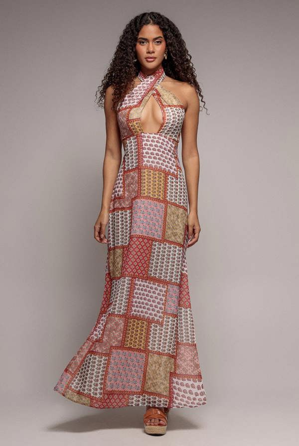 Halter Neck Printed Maxi Dress - Coral DR3504