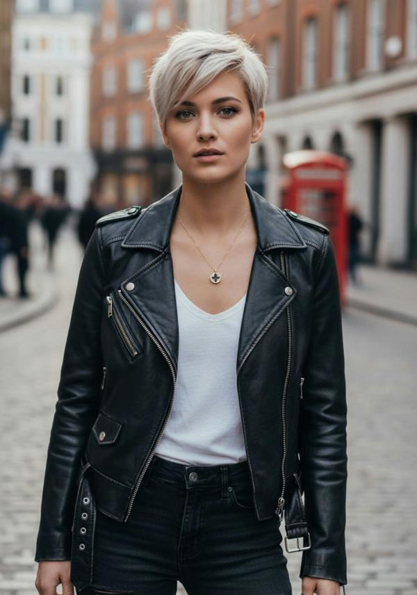 Woman wearing a black leather jacket on a city street with a gold and b ack clover pendant necklace