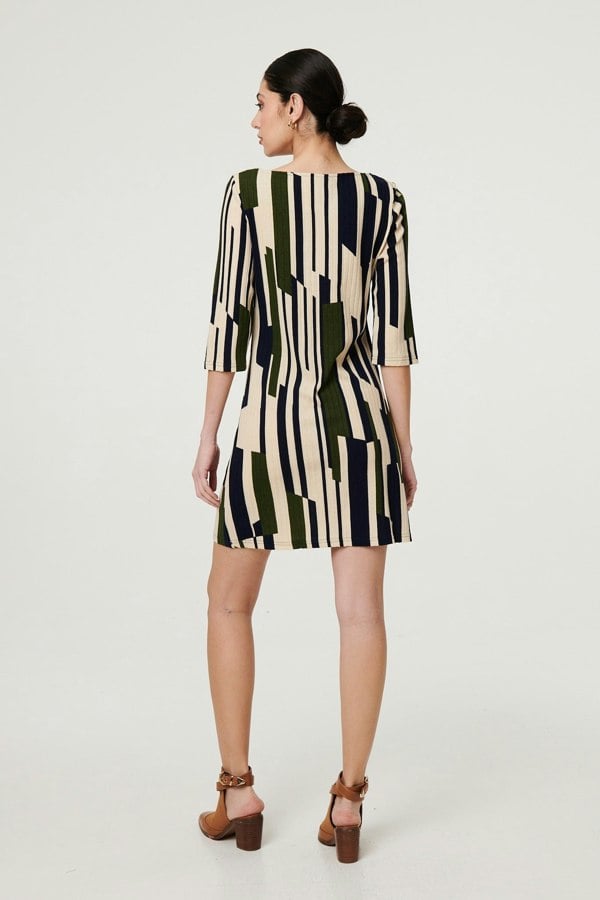 Green | Printed Stripe Texture Short Shift Dress
