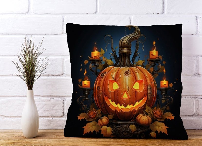 Warren Reed Spooy Pumpkin With Leaves And Small Candles Cushions