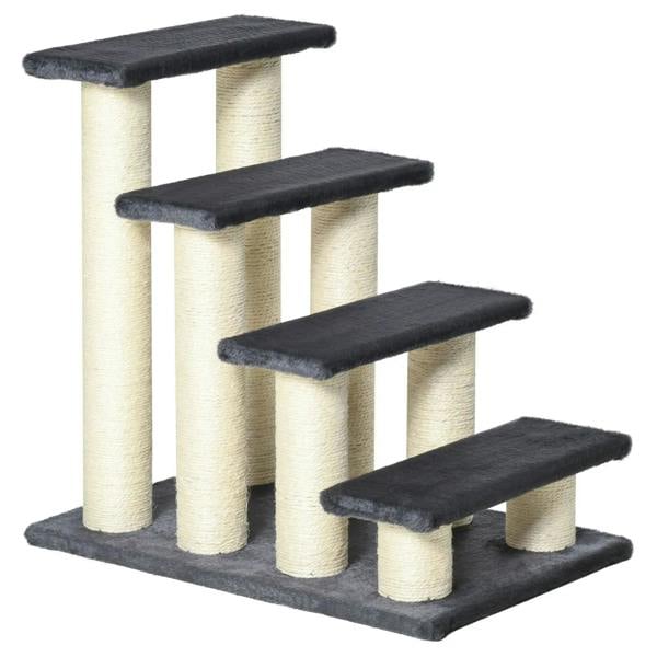 Grey 4-step pet stairs with dark cushioned treads and sisal-wrapped posts