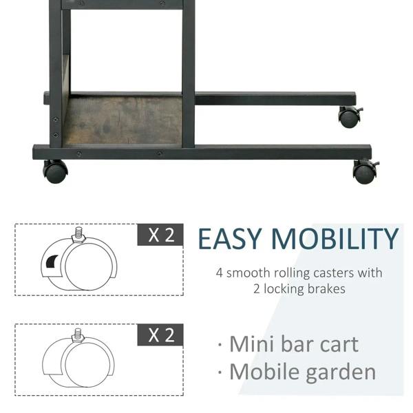 Industrial side table with two open shelves, four rolling casters, and locking brake wheels