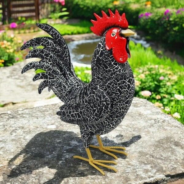 EDH Door Hardware Large Metal Black Cockerel (44cm x 16cm x 36cm) – Handcrafted Rustic Rooster Garden Ornament Farmyard Statue