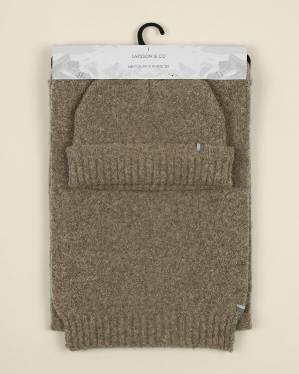 Larsson & Co Folke – Stone Panel Knit Beanie & Scarf Set