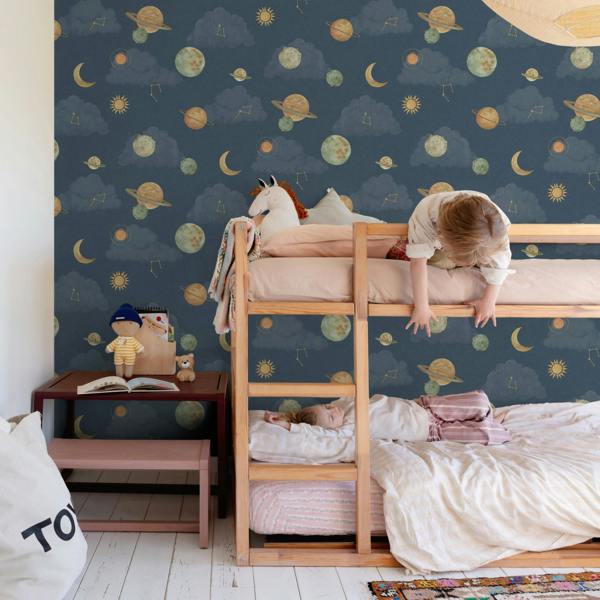 Grandeco Maury Planets and Constellations Nursery Textured Wallpaper, Blue