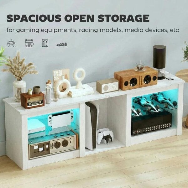 70in TV Stand, with LED Lights and Storage - White
