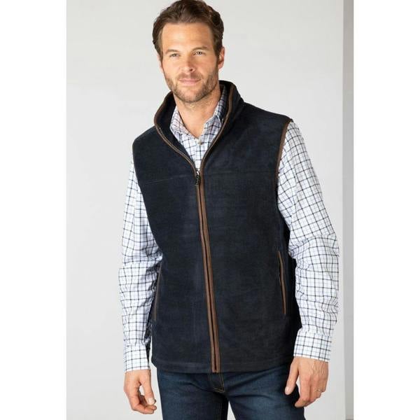 Model wearing the Rydale Men's Huggate Fleece Waistcoat in Ink from the front
