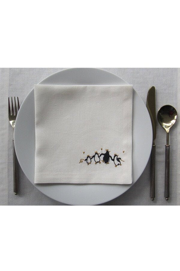 Set of 4 Embroidered Linen Napkins – Penguins