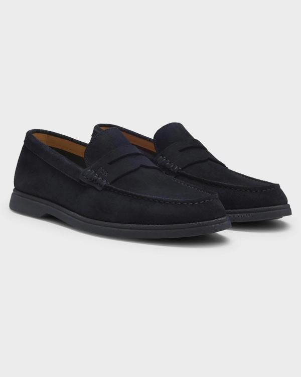 BOSS Orange Sienne Suede Loafers with Logo Penny Trim - Dark Blue 401 | CHO | Designer Mens Loafers