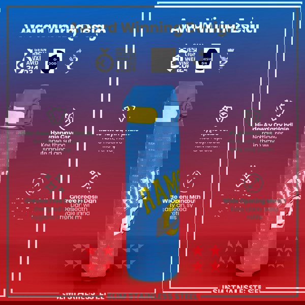 A blue and yellow water bottle displays the Los Angeles Rams logo, featuring a hide-away handle and a hygiene cover. It's shown against a red and purple background, highlighting its award-winning design.