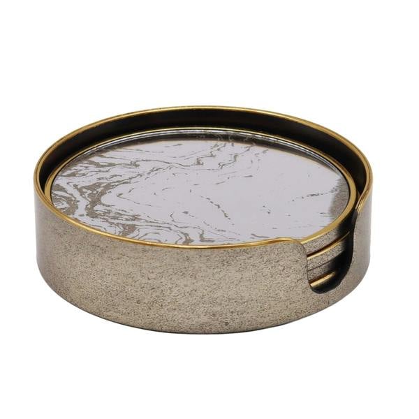 Maison des Cadeaux Marble Effect Round Serving Tray & Drink Coasters Set of 4 with Holder