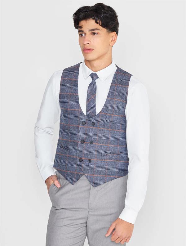 Boys blue and grey checked waistcoat suit