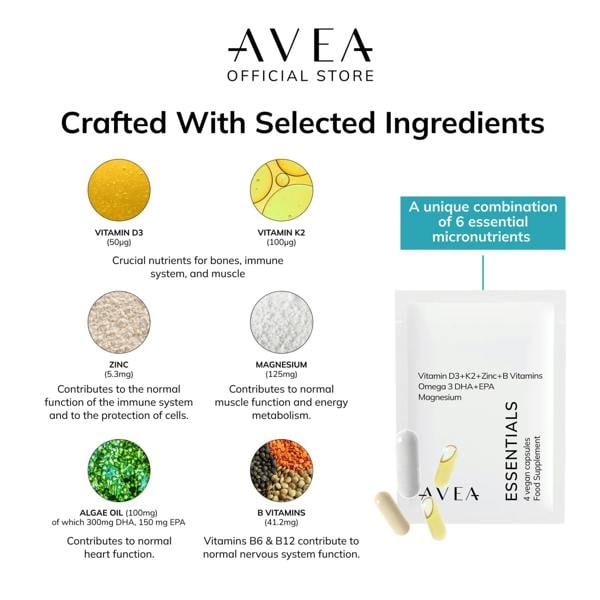 AVEA Essentials Capsules - Daily Multivitamin Sachets With Vitamin D, K2, Omega 3 (EPA & DHA), Zinc & Magnesium - 30 Sachets x 4 Capsules - Vegan Friendly