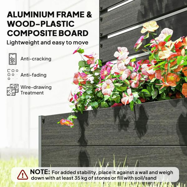 Black aluminum frame raised planter box with wood-plastic composite trellis