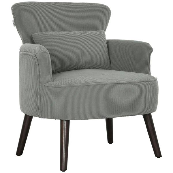 Light grey corduroy accent chair with rounded arms, barrel back, and dark wood legs