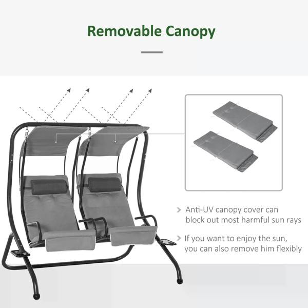Grey canopy swing chair with two seats and removable top canopy cover