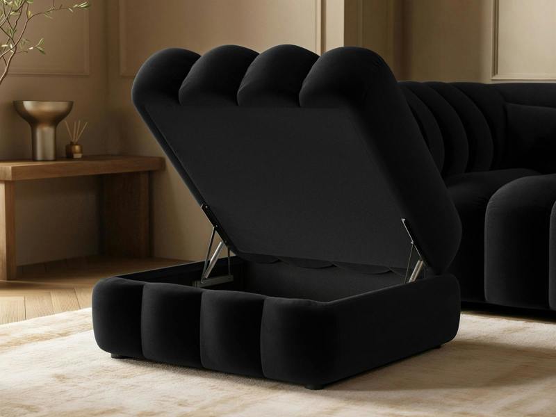 SOLACE+CO Halle Channel Tufted U Shaped Modular Sofa with Storage Footstool Black Velvet