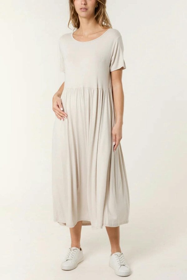 Hoxton Gal Oversized Round Neck Stretch Tiered Midi Dress in Beige