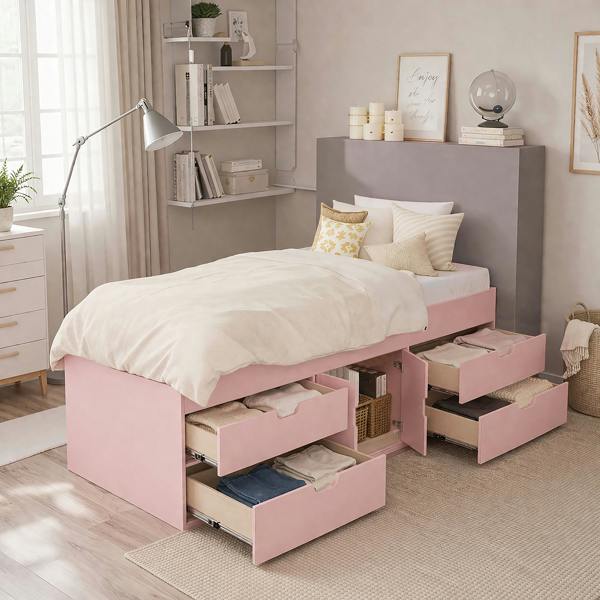 Kudlhome Multi Drawer Single 3ft Cabin Bed Frame, Pink