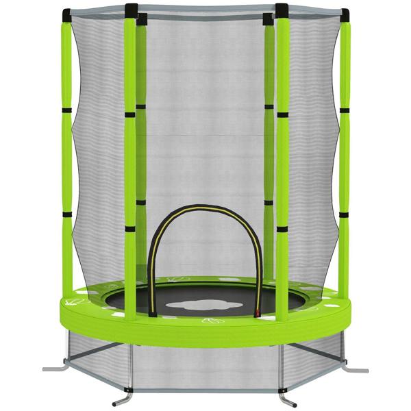 Green 4.6ft toddler trampoline with gray jumping mat and safety enclosure net