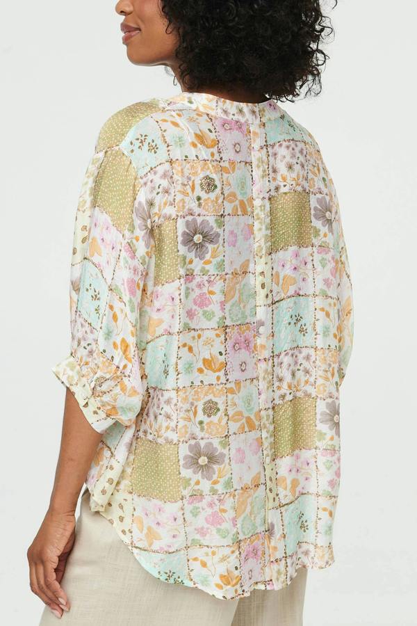 White | Printed 3/4 Sleeve V-Neck Blouse